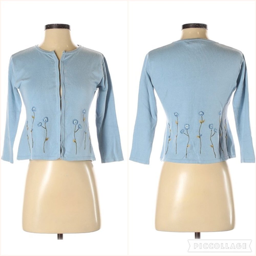 Roots Blue Embroider Flower Knit Cardigan Sweater